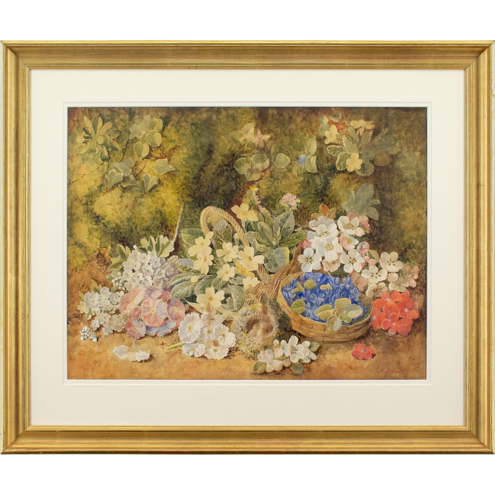 BASKETS, BIRD'S NEST, AND FLOWERS IN A STILL LIFE BY ELOISE HARRIET STANNARD (FOLLOWER): Year: c. 1890 Size: 31½” x 26½” / 80cm x 67cm Medium: Watercolour on paper Description: This English School watercolor from the late 19th century shows two baskets, a bird's