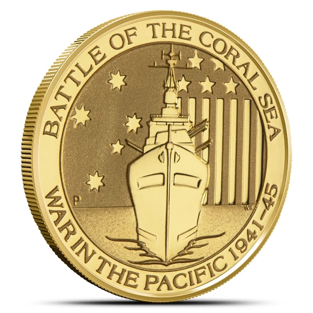 AUSTRALIAN BATTLE OF THE CORAL SEA GOLD COIN: Australian Battle Of The Coral Sea Gold Coin Brand/Mint: Perth Mint Year: Random Year Denomination: None Fineness: 0.9999 Country of Origin: Australia Accessories: None Accessories Notice:
