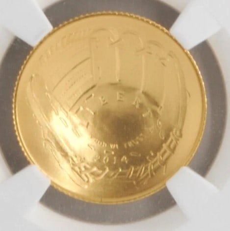 US MINT 2014 $5 GOLD BASEBALL: US Mint 2014 $5 Gold Baseball Brand/Mint: West Point Year: 2014 Denomination: $5 Fineness: 0.9 Country of Origin: United States Accessories: None Accessories Notice: When purchasing pre-ow