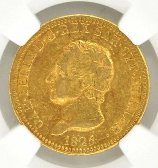 1825 EAGLE L ITALY 40 LIRA SARDINIA AU 55 GOLD COIN: 1825 Eagle L Italy 40 Lira Sardinia AU 55 Gold Coin Brand/Mint: None Year: 1825 Denomination: 40 Lira Fineness: 0.9 Country of Origin: Italy Accessories: None Accessories Notice: When