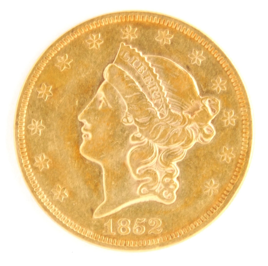US 1852 $20 LIBERTY HEAD DOUBLE EAGLE .900 FINE GOLD COIN: US 1852 $20 Liberty Head Double Eagle .900 Fine Gold Coin Brand/Mint: Philadelphia Year: 1852 Denomination: $20 Fineness: 0.9 Country of Origin: United States Accessories: None Accessories