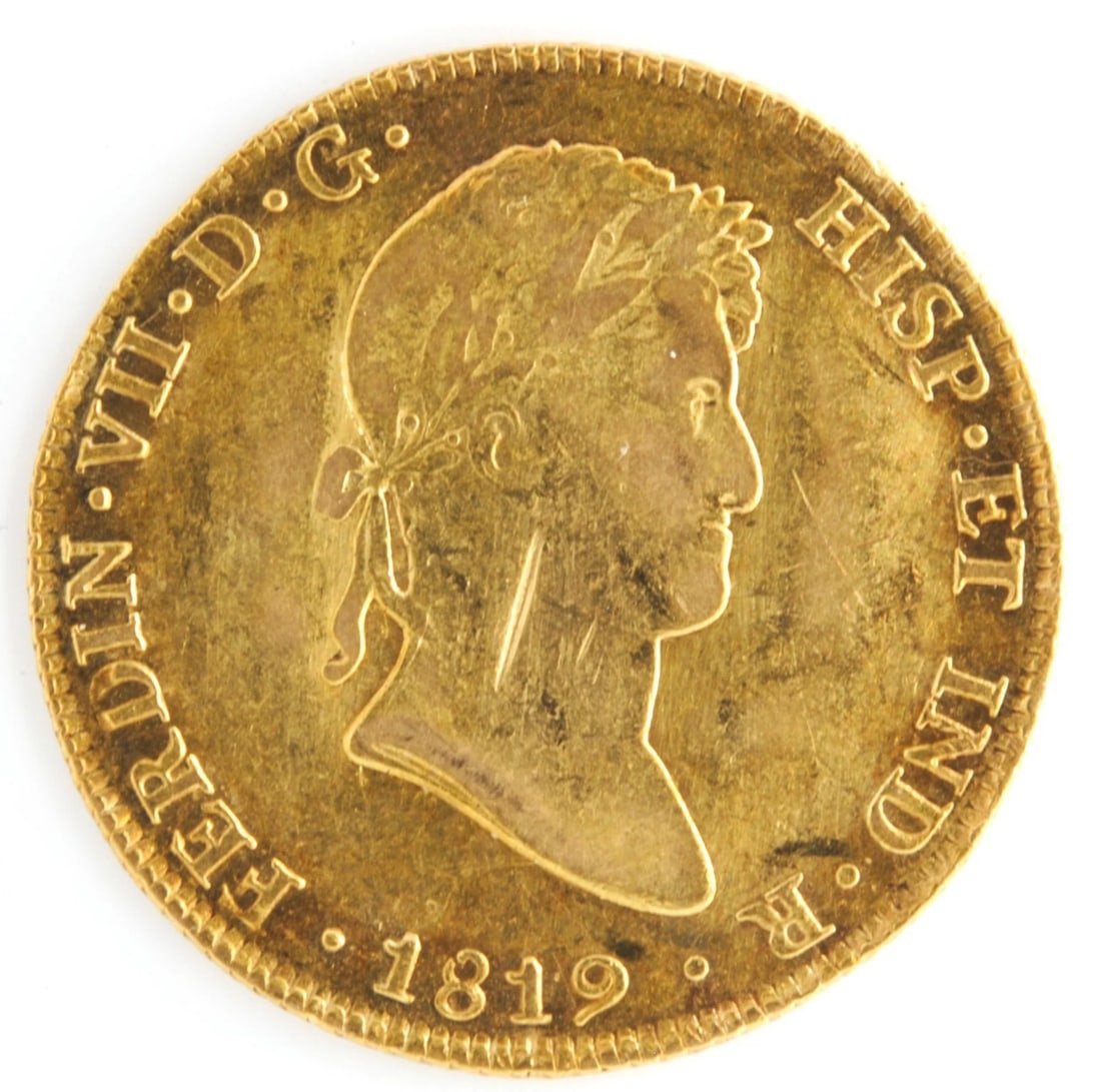 PERU 1819 LIMAE JP 8 ESCUDOS .875 FINE GOLD COIN: Peru 1819 LIMAE JP 8 Escudos .875 Fine Gold Coin Brand/Mint: None Year: 1819 Denomination: None Fineness: 0.875 Country of Origin: None Accessories: None Accessories Notice: When purchasin