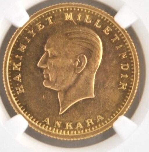 1923/48 TURKEY 1971 250 KURUSH/PIASTRES .917 GOLD COIN: 1923/48 Turkey 1971 250 Kurush/Piastres .917 Gold Coin Brand/Mint: None Year: 1971 Denomination: 250 Kurush/Piastres Fineness: 0.917 Country of Origin: None Accessories: None Accessories N