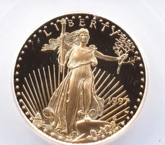 1997-W $25 AMERICAN GOLD EAGLE: 1997-W $25 American Gold Eagle Brand/Mint: None Year: 1997 Denomination: $25 Country of Origin: United States Accessories: None Accessories Notice: When purchasing pre-owned goods, please refer to