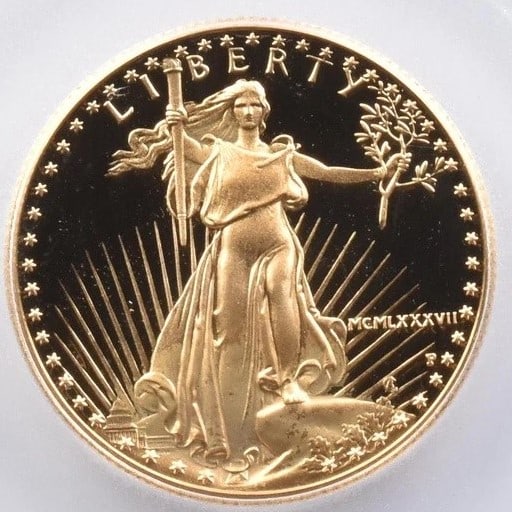 1987-P $25 AMERICAN GOLD EAGLE: 1987-P $25 American Gold Eagle Brand/Mint: None Year: 1987 Denomination: $25 Country of Origin: United States Accessories: None Accessories Notice: When purchasing pre-owned goods, please