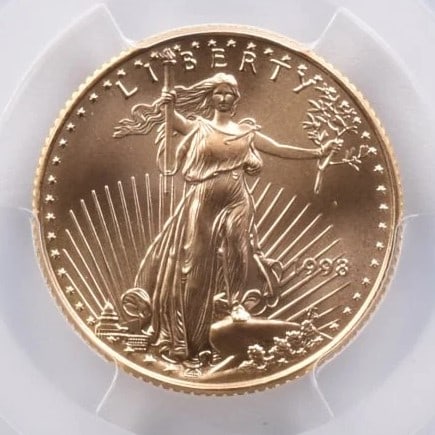 1998 $10 AMERICAN GOLD EAGLE: 1998 $10 American Gold Eagle Brand/Mint: U.S. Mint Year: 1998 Denomination: $10 Country of Origin: United States Accessories: None Accessories Notice: When purchasing pre-owned goods, please refer