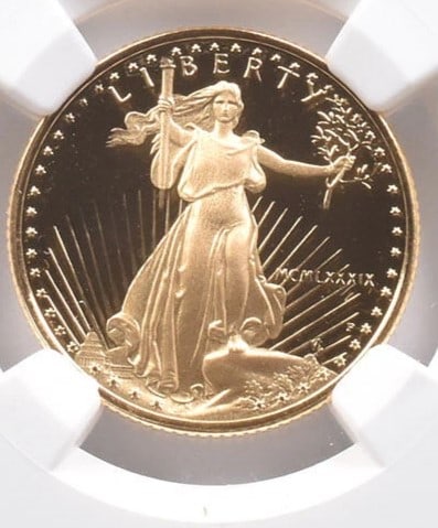 1989-P $10 AMERICAN GOLD EAGLE: 1989-P $10 American Gold Eagle Brand/Mint: None Year: 1989 Denomination: $10 Country of Origin: United States Accessories: None Accessories Notice: When purchasing pre-owned goods, please