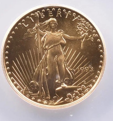 1993 $10 AMERICAN GOLD EAGLE GOLD: 1993 $10 American Gold Eagle Gold Brand/Mint: None Year: 1993 Denomination: $10 Country of Origin: United States Accessories: None Accessories Notice: When purchasing pre-owned goods, please refer