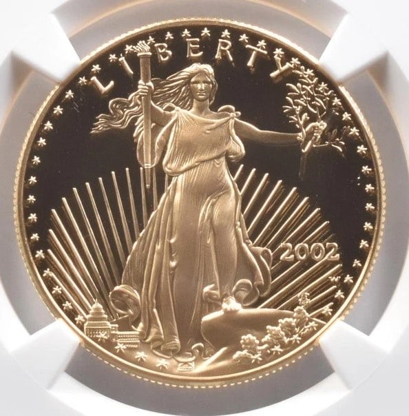 2002-W $50 AMERICAN GOLD EAGLE: 2002-W $50 American Gold Eagle Brand/Mint: None Year: 2002 Denomination: $50 Country of Origin: United States Accessories: None Accessories Notice: When purchasing pre-owned goods, please refer to
