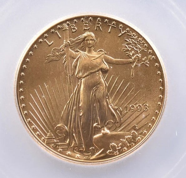 1993 $25 AMERICAN GOLD EAGLE: 1993 $25 American Gold Eagle Brand/Mint: None Year: 1993 Denomination: $25 Country of Origin: United States Accessories: None Accessories Notice: When purchasing pre-owned goods, please refer to t
