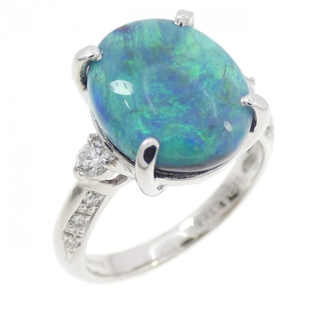 PT900 BLACK OPAL RING: PT900 Black Opal Ring Brand: Unbranded Type: Ring Material: Platinum 900 Platinum, Main Stone/Creation Main Stone Black OpalCenterStone Black OpalSide Stone Diamond Color: White Gold Size: 6.5 ( U