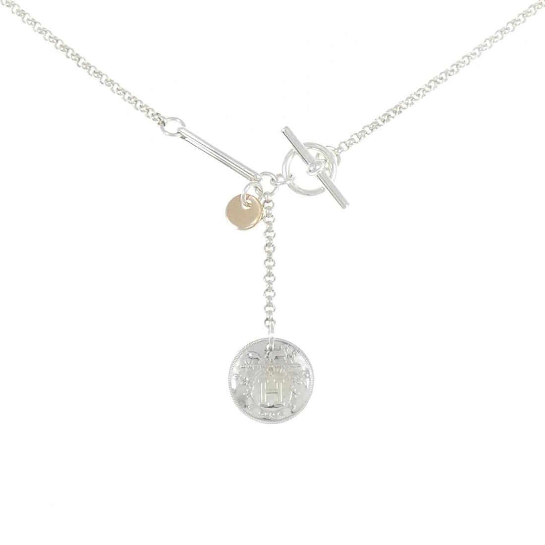 HERMES EX LIBRIS NECKLACE: HERMES Ex Libris Necklace Brand: HERMES Type: Necklace Material: 925 Silver 750 Pink Gold, Color: Silve, Pink Gold Size: 41cm, ActualSize Pendant top H x W: 40.5mmx13.0mm Chain Max. W: 1.9mm 