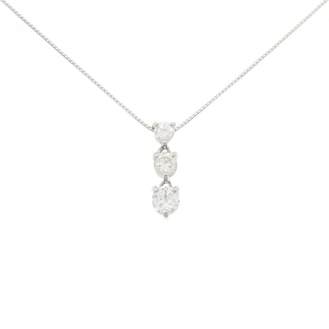 PT850 3 STONE DIAMOND NECKLACE: PT850 3 Stone Diamond Necklace Brand: Unbranded Type: Necklace Material: Platinum 850, Main Stone/Creation natural Color: White Gold Size: 45ActualSizePendant top H x W: 15.2mmx4.3mm Chain