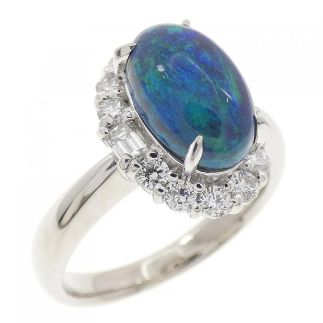 PT900 BLACK OPAL RING: PT900 Black Opal Ring Brand: Unbranded Type: Ring Material: Platinum 900 Platinum, Color: None Size: 7.5 US Accessories: None Accessories Notice: When purchasing pre-owned goods, please refer