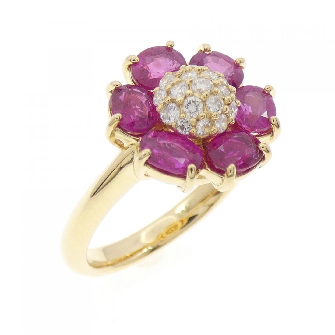 K18YG FLOWER RUBY RING: K18YG Flower Ruby Ring Brand: Unbranded Type: Ring Material: K18 Yellow Gold, Main Stone/Creation Ruby Color: Yellow Gold Size: 6.5 US Accessories: None Accessories Notice: When purchasing