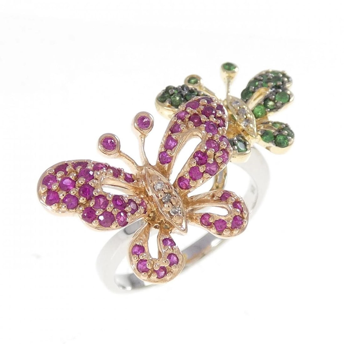 K18 FOUR COLOR BUTTERFLY COLOR STONE RING: K18 Four Color Butterfly Color Stone Ring Brand: Unbranded Type: Ring Material: K18 Yellow Gold K18 White Gold K18 Pink Gold K18 Black gold, Main Stone/Creation Ruby Color: Pink Gold Size:
