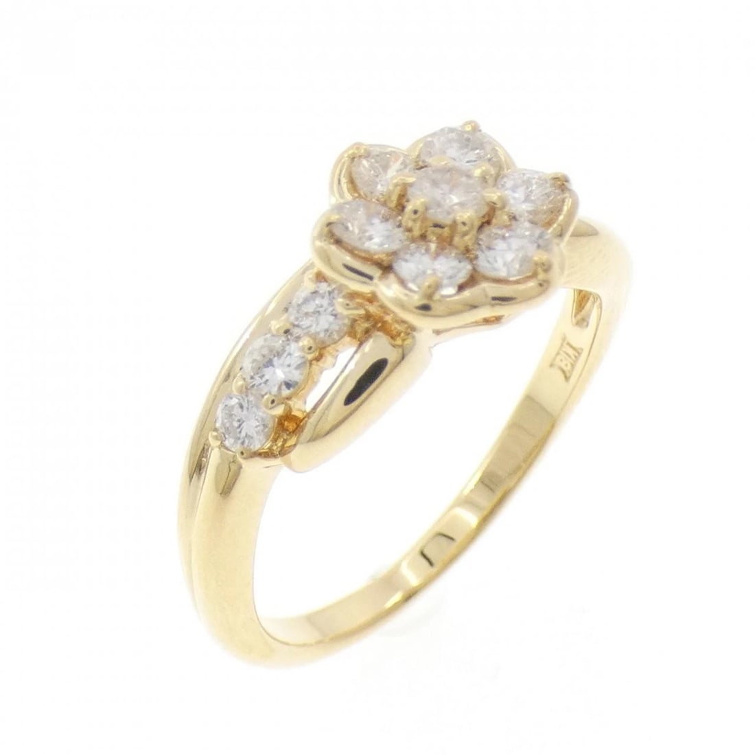 K18YG FLOWER DIAMOND RING: K18YG Flower Diamond Ring Brand: Unbranded Type: Ring Material: K18 Yellow Gold, Main Stone/Creation Natural Color: Yellow Gold Size: 6.5 US Accessories: None Accessories Notice: When