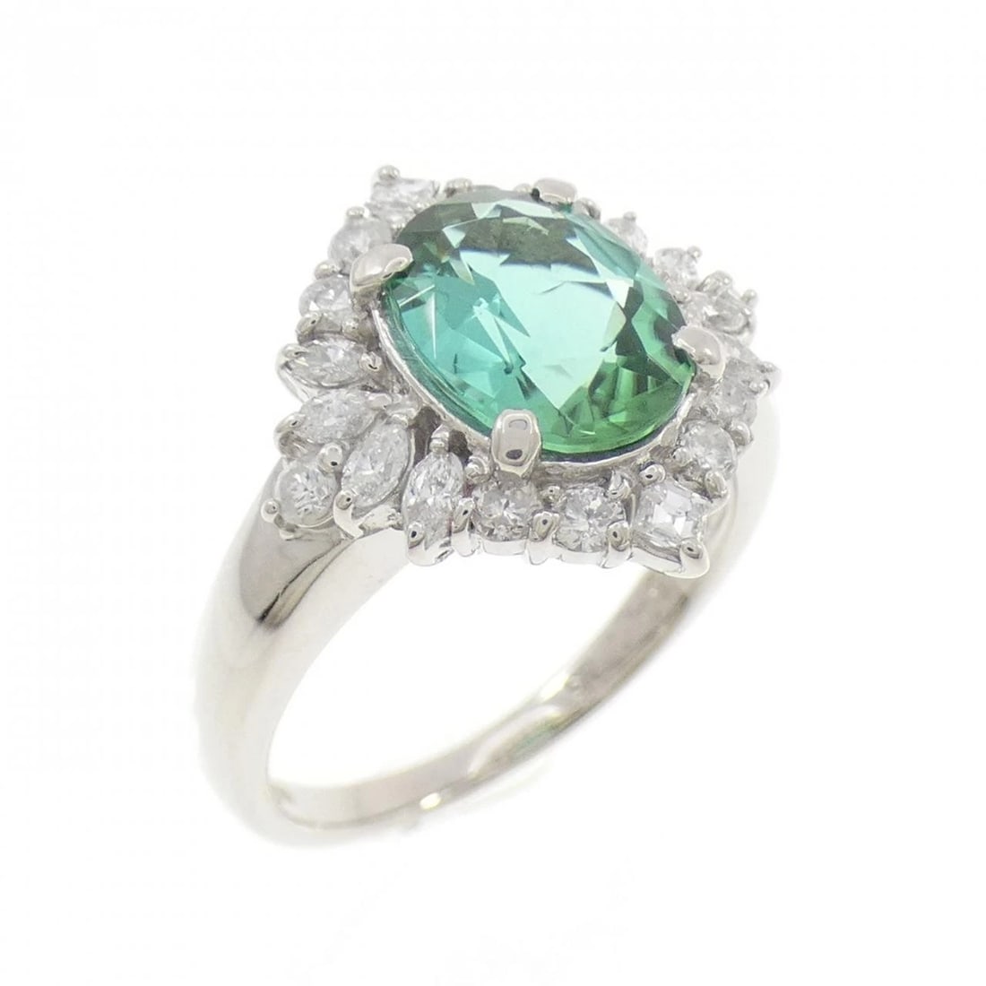 PT900 TOURMALINE RING: PT900 Tourmaline Ring Brand: Unbranded Type: Ring Material: Platinum 900 Platinum, Main Stone/Creation Tourmaline Color: White Gold Size: 6.5 US Accessories: None Accessories Notice: When