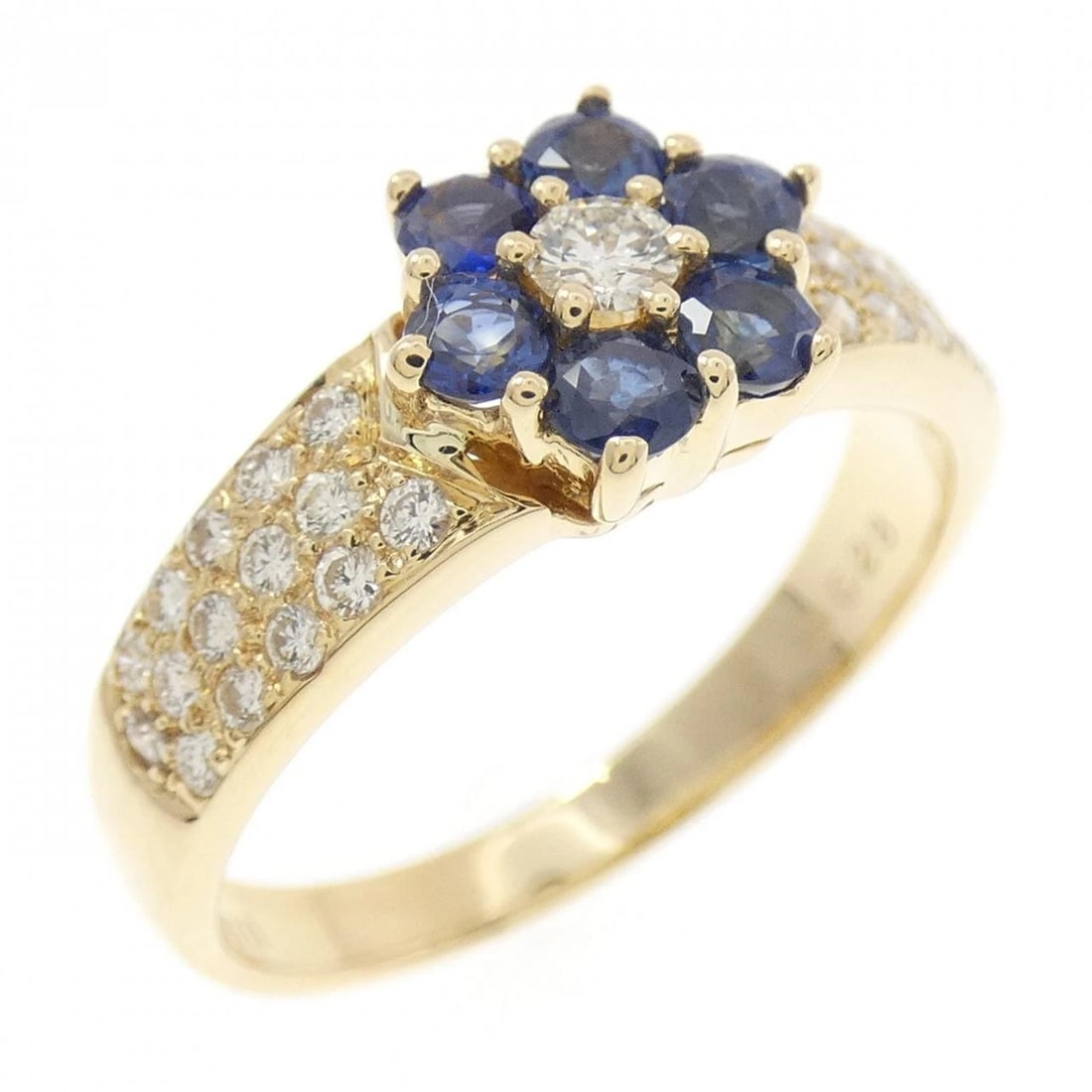 K18YG FLOWER SAPPHIRE RING: K18YG Flower Sapphire Ring Brand: Unbranded Type: Ring Material: K18 Yellow Gold, Main Stone/Creation Main Stone SapphireSide Stone DiamondCenterStoneSapphire Color: Yellow Gold Size: 6.5 ( US