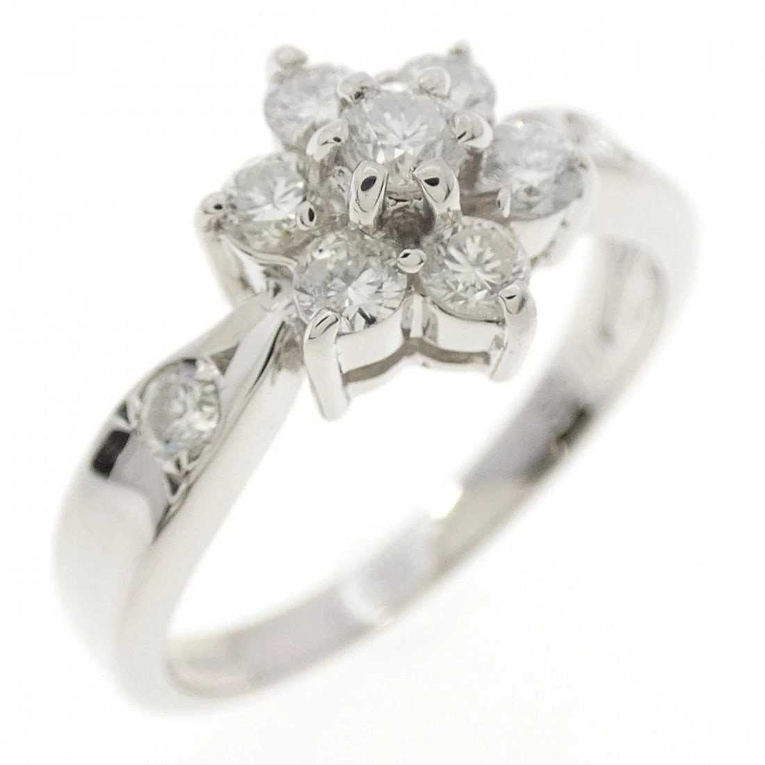 PT850 FLOWER DIAMOND RING: PT850 Flower Diamond Ring Brand: Unbranded Type: Ring Material: Platinum 850, Main Stone/Creation Natural Color: White Gold Size: 6.5 US Accessories: None Accessories Notice: When purchasing