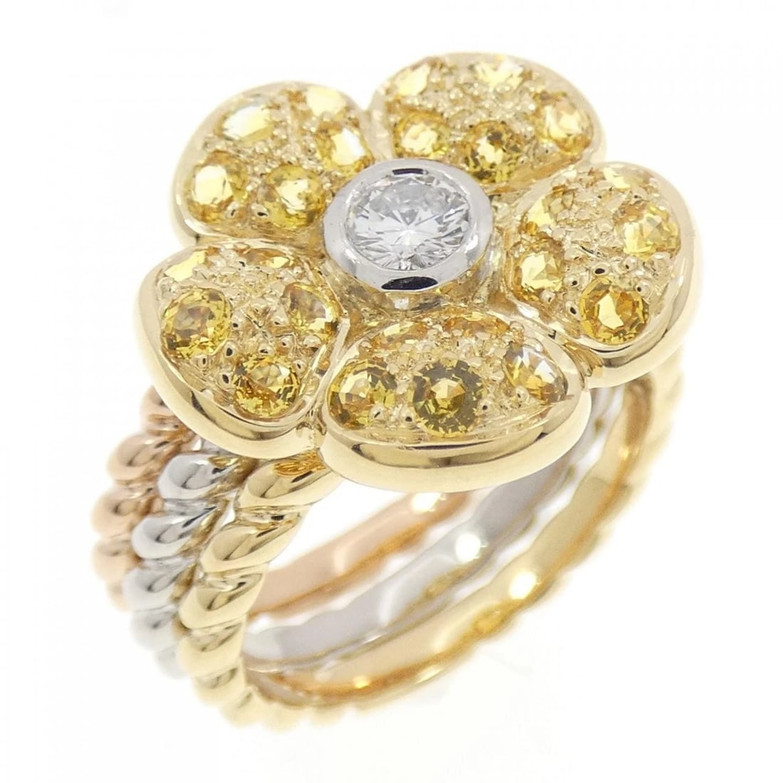 K18YG PT900 K18PG FLOWER SAPPHIRE RING: K18YG PT900 K18PG Flower Sapphire Ring Brand: Unbranded Type: Ring Material: K18 Yellow Gold Platinum 900 Platinum K18 Pink Gold, Main Stone/Creation Main Stone SapphireSide Stone Diamond 