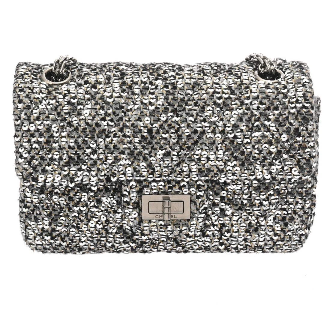 CHANEL SMALL FLAP BAG 2.55 SEQUIN/TWEED SILVER SHOULDER BAG SHOULDER BAG (1 of 7)