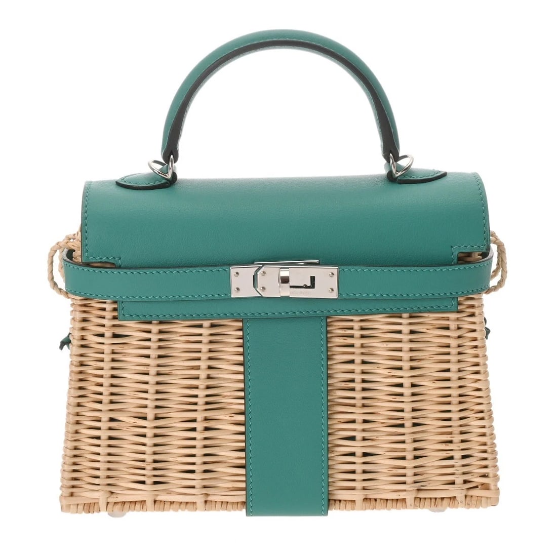 HERMES MINI KELLY PICNIC VAUX SWIFT VERT VERON/NATURAL BASKET BAGS BASKET BAGS: HERMES mini kelly picnic Vaux Swift Vert Veron/Natural Basket bags Basket bags Brand: HERMES Type: Basket bags Material: Vaux Swift/Willow Color: Vert Veron/Natural × SilverMetal Size: H:about 5.