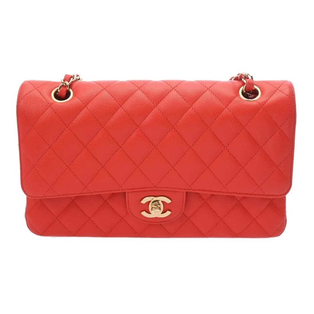 CHANEL W-FLAP W-CHAINSHOULDER MATRASSE CAVIARSKIN SHOULDER BAG: CHANEL W-flap W-ChainShoulder Matrasse Caviarskin Shoulder Bag Brand: CHANEL Type: Shoulder Bag Material: Caviarskin Color: Red × Champagne Gold Metal Size: H:about 5.9inch W:about 9.8inch