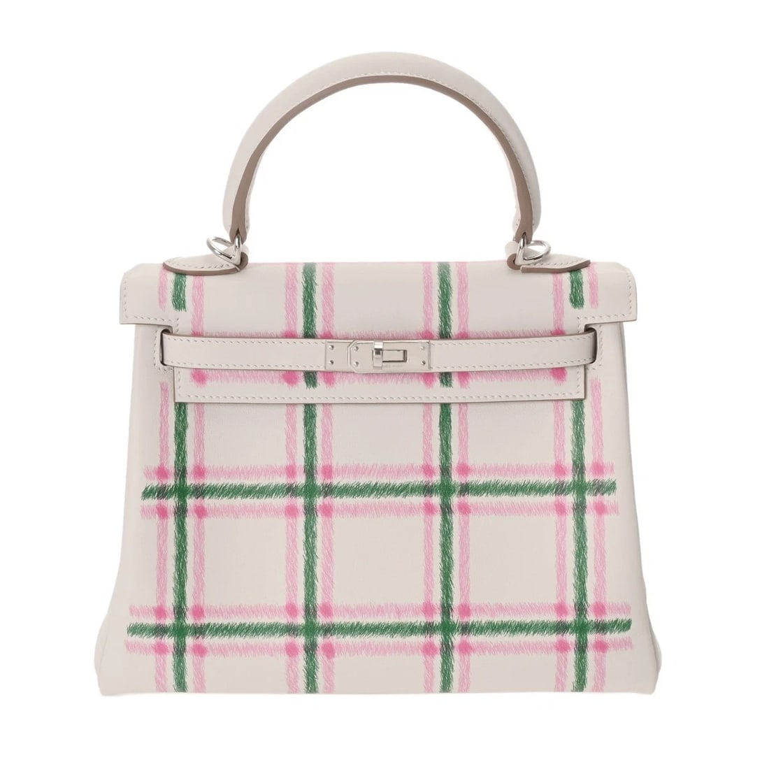 HERMES KELLY 25 INSULATED TARTAN LIGHT VAUX SWIFT GRIS PALE HANDBAG: HERMES Kelly 25 Insulated Tartan Light Vaux Swift Gris Pale Handbag Brand: HERMES Type: Handbag Material: Vaux Swift Color: Gris Pale/Rose Bubblegum/Vert Moyen × SilverMetal Size: H:about