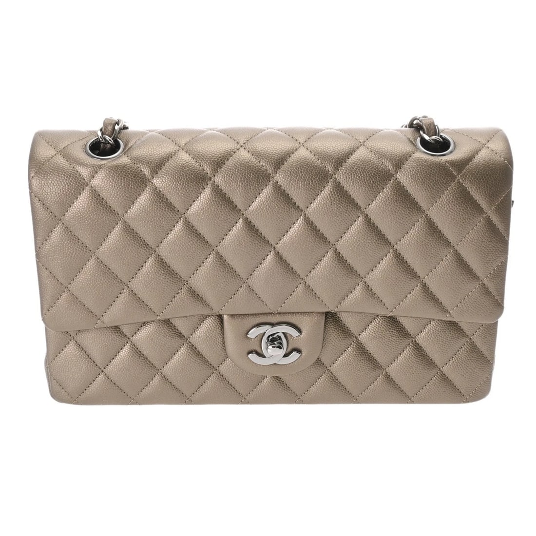 CHANEL W-FLAP W-CHAIN SHOULDER MATRASSE CAVIAR SHOULDER BAG: CHANEL W-Flap W-Chain Shoulder Matrasse Caviar Shoulder Bag Brand: CHANEL Type: Shoulder Bag Material: Caviar skin Color: bronze × SilverMetal Size: H:about 5.9inch W:about 9.8inch D:about 2.6inc