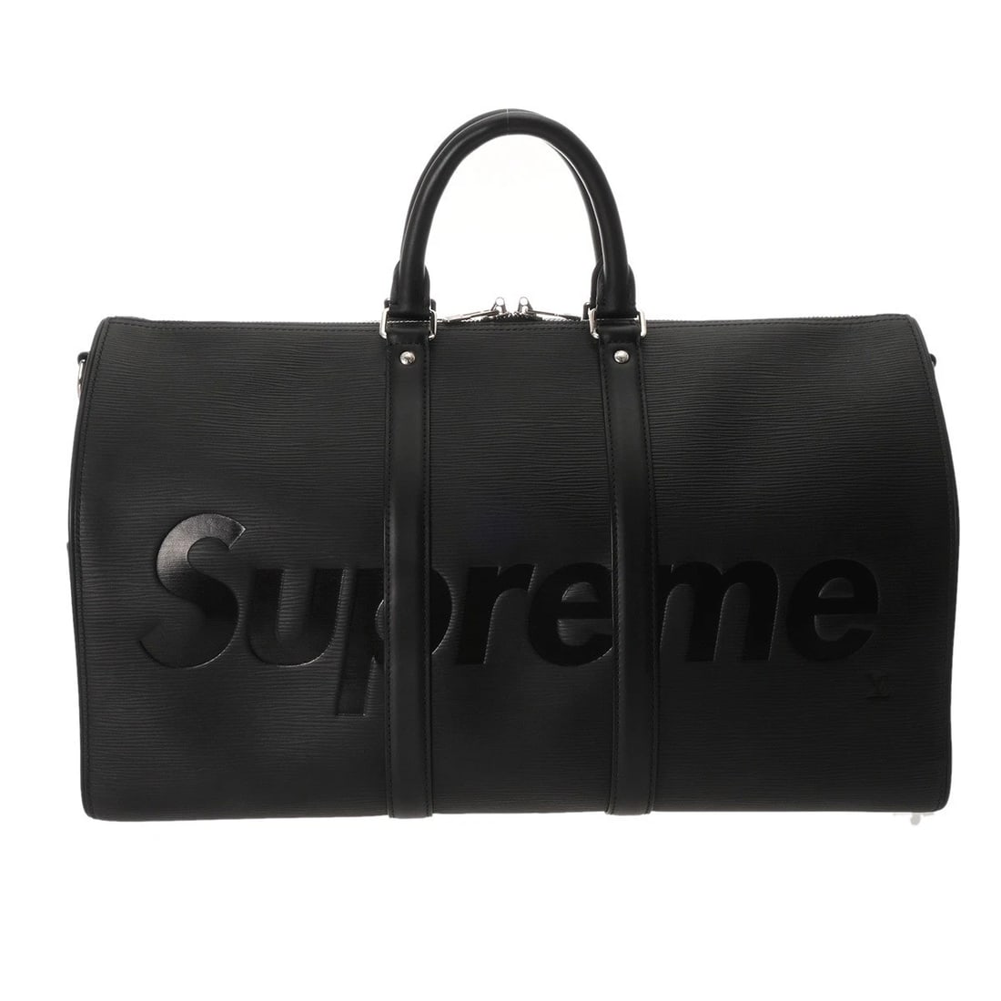 LOUIS VUITTON VUITTON X SUPREME KEEPALL BANDOULIERE BOSTON BAG: LOUIS VUITTON VUITTON x SUPREME Keepall Bandouliere Boston bag Brand: LOUIS VUITTON Type: Boston bag Material: leather Color: Noir Size: H:about 11.0inch W:about 18.7inch (Bottom) D:about