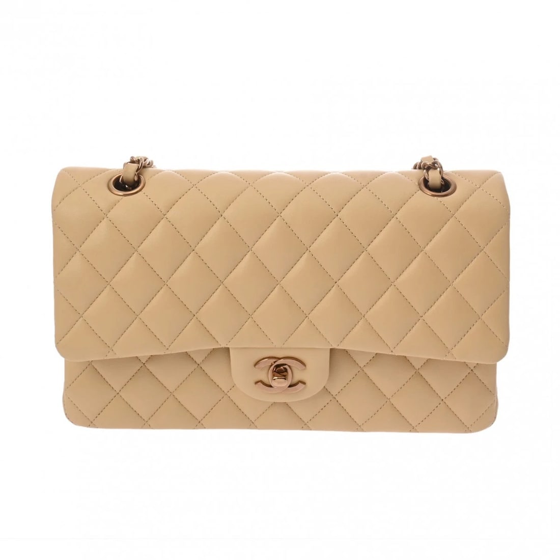 CHANEL CLASSIC HANDBAG SHOULDER BAG: CHANEL Classic Handbag Shoulder Bag Brand: CHANEL Type: Shoulder Bag Material: lambskin Color: beige × Gold Metal Size: H:about 6.3inch W:about 10.0inch D:about 2.6inch Shoulder:about 22.0inch A