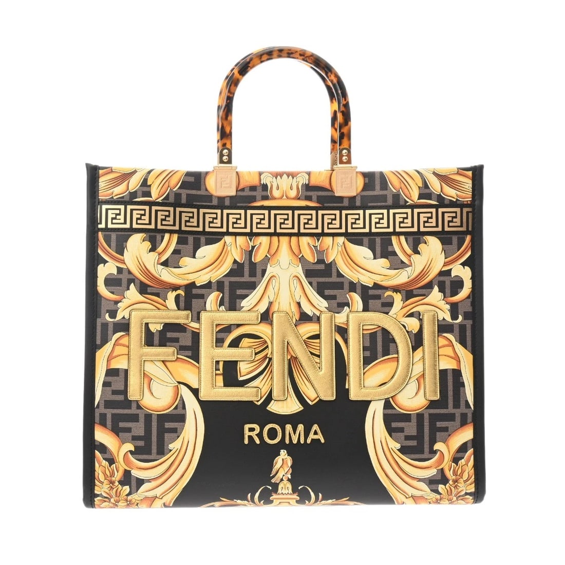 FENDI FENDERCHE SUNSHINE MEDIUM HANDBAG: FENDI Fenderche Sunshine Medium Handbag Brand: FENDI Type: Handbag Material: PVC/Calf leather Color: Brown / Black × Gold Metal Size: H:about 12.0inch W:about 14.0inch D:about 6.1inch Shoulder:ab