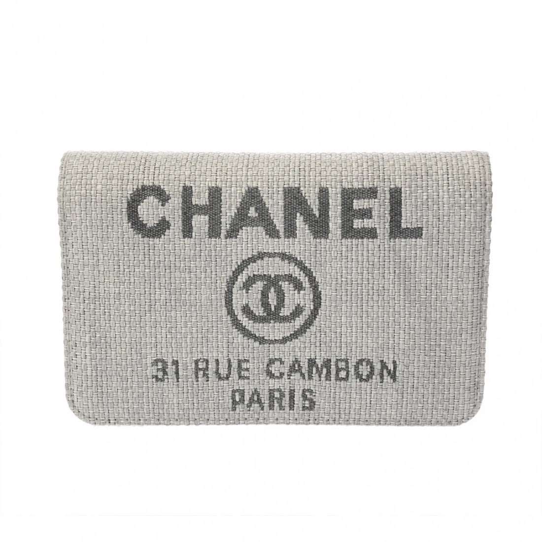 CHANEL CLASSIC CHAIN WALLET DEAUVILLE SHOULDER BAG: CHANEL Classic Chain Wallet Deauville Shoulder Bag Brand: CHANEL Type: Shoulder Bag Material: canvas Color: Light gray × SilverMetal Size: H:about 4.7inch W:about 7.5inch D:about 1.2inch