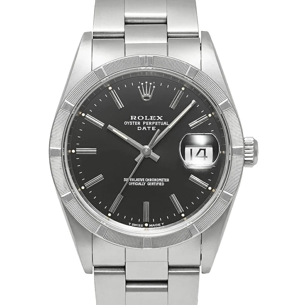 ROLEX OYSTER PERPETUAL BLACK WATCH: ROLEX Oyster Perpetual Black Watch Brand: ROLEX Type: N/A Material: Band Material Stainless Steel, Case Material N/A Color: Band Color Black Size: Band Size none, Case Size 34mm x 34mm Accessorie