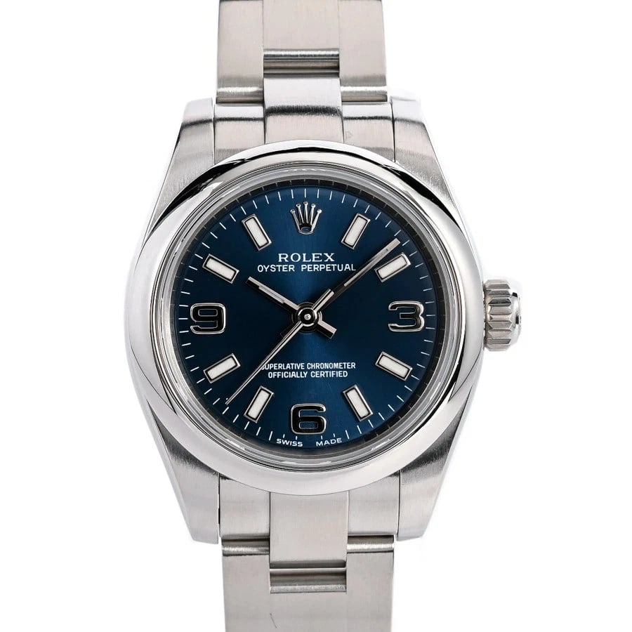 ROLEX OYSTER PERPETUAL BLUE WATCH: ROLEX Oyster Perpetual Blue Watch Brand: ROLEX Type: N/A Material: Band Material Stainless Steel/Bracelet, Case Material N/A Color: Band Color Blue Size: Band Size 15.5cm, Case Size 26mm Accessor