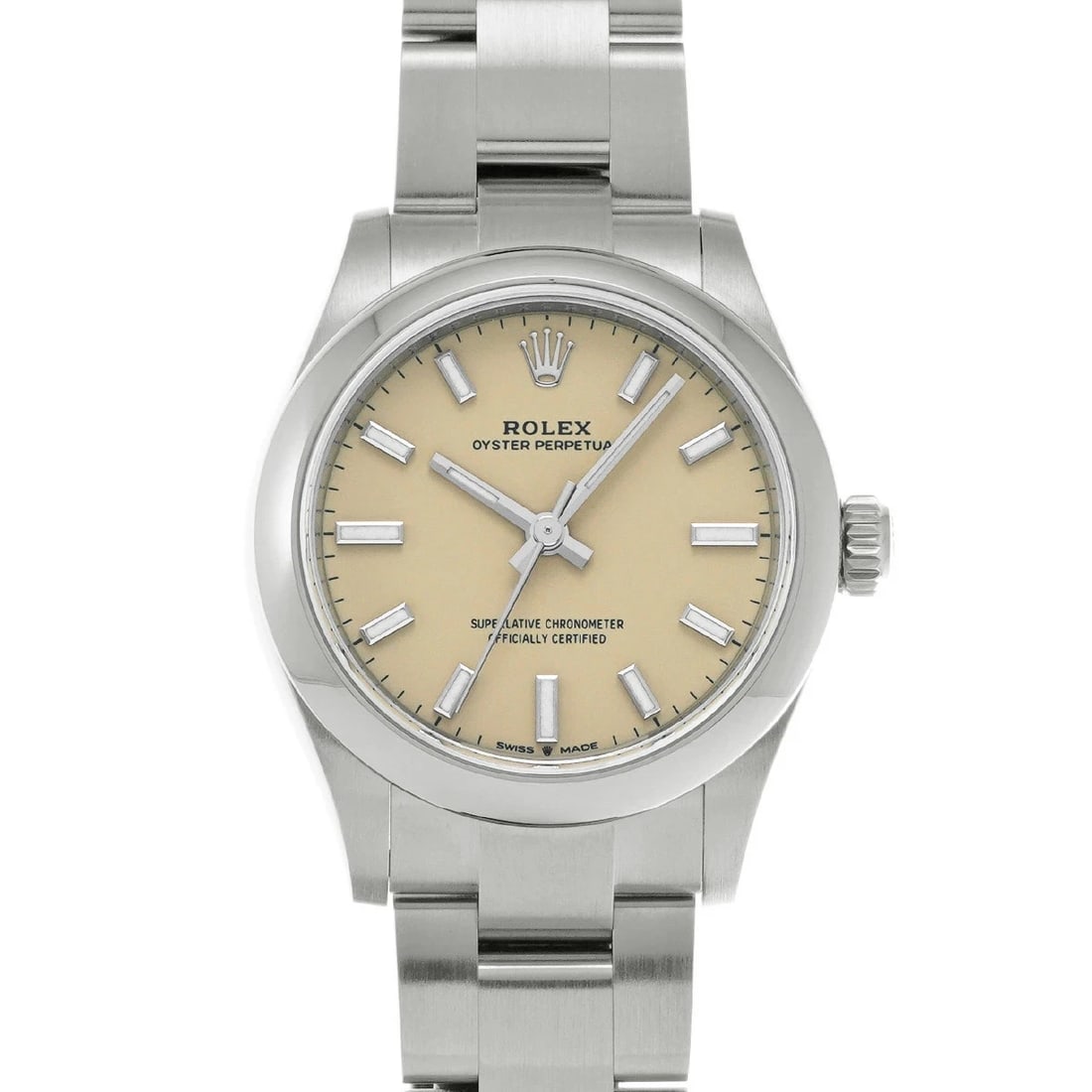 ROLEX OYSTER PERPETUAL BEIGE WATCH: ROLEX Oyster Perpetual Beige Watch Brand: ROLEX Type: N/A Material: Band Material Stainless, Case Material Sapphire Crystal Color: Band Color Beige Size: Band Size none, Case Size 31×31mm Access