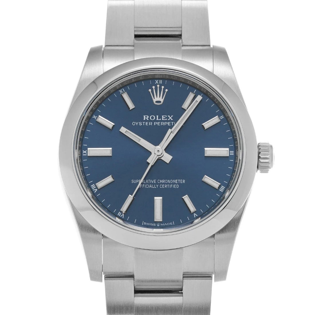 ROLEX OYSTER PERPETUAL BLUE WATCH: ROLEX Oyster Perpetual Blue Watch Brand: ROLEX Type: N/A Material: Band Material Stainless, Case Material Sapphire Crystal Color: Band Color Blue Size: Band Size 18cm, Case Size 34×34mm Accessor