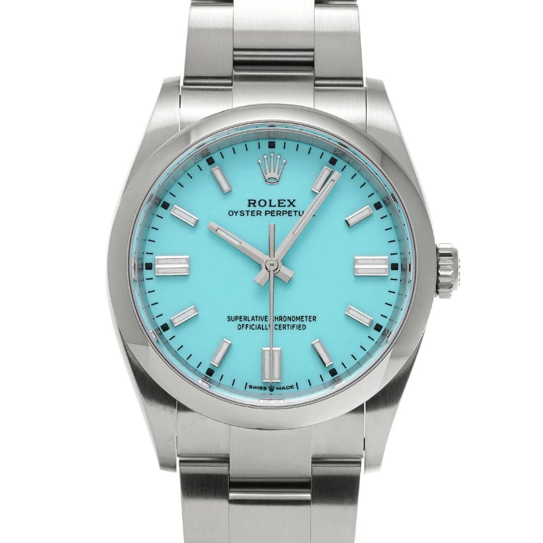 ROLEX OYSTER PERPETUAL BLUE WATCH: ROLEX Oyster Perpetual Blue Watch Brand: ROLEX Type: N/A Material: Band Material Stainless, Case Material Sapphire Crystal Color: Band Color Blue Size: Band Size none, Case Size 36×36mm Accessor