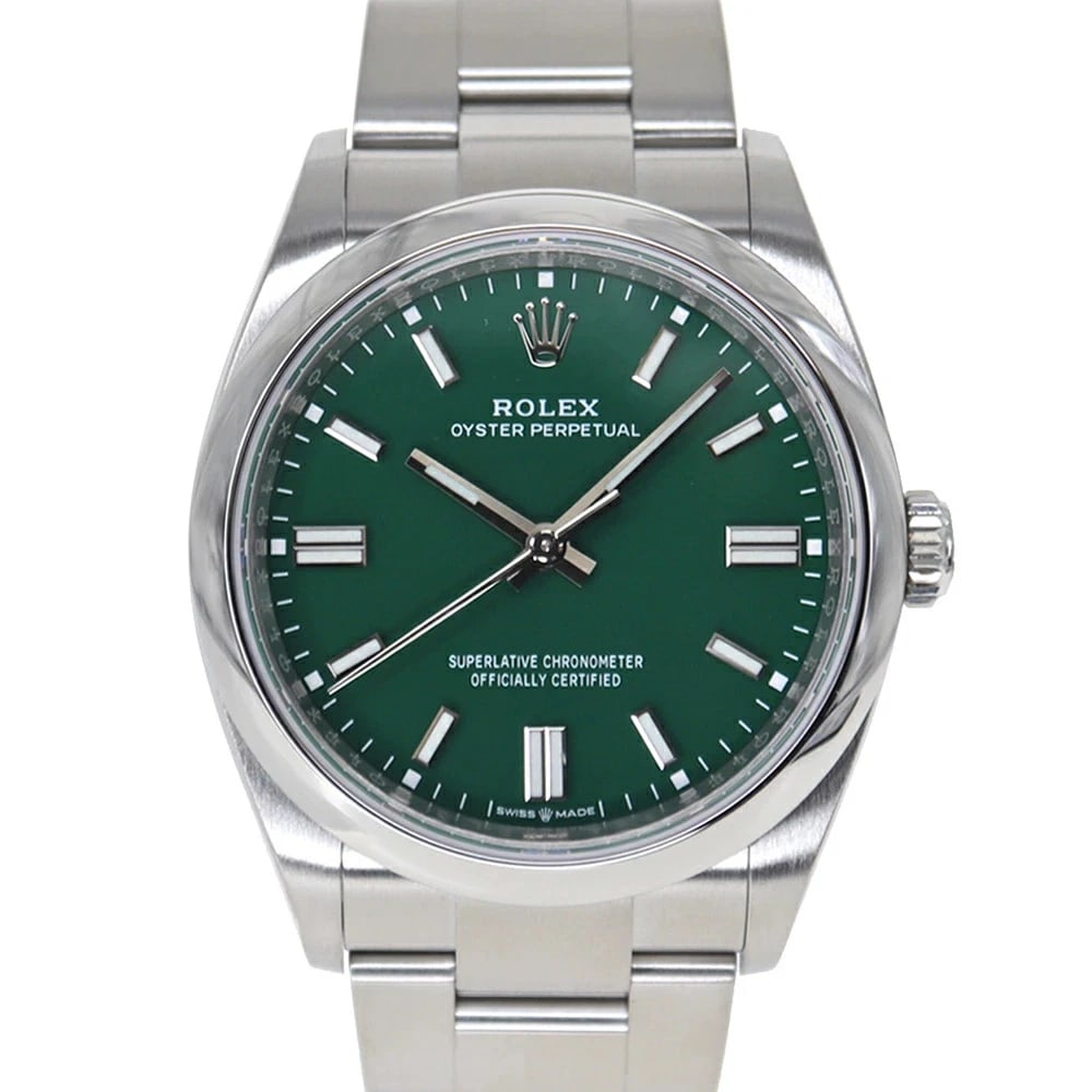 ROLEX OYSTER PERPETUAL GREEN WATCH: ROLEX Oyster Perpetual Green Watch Brand: ROLEX Type: N/A Material: Band Material Stainless Steel (Ss), Case Material N/A Color: Band Color Green Size: Band Size none, Case Size 36.0mm Accessorie