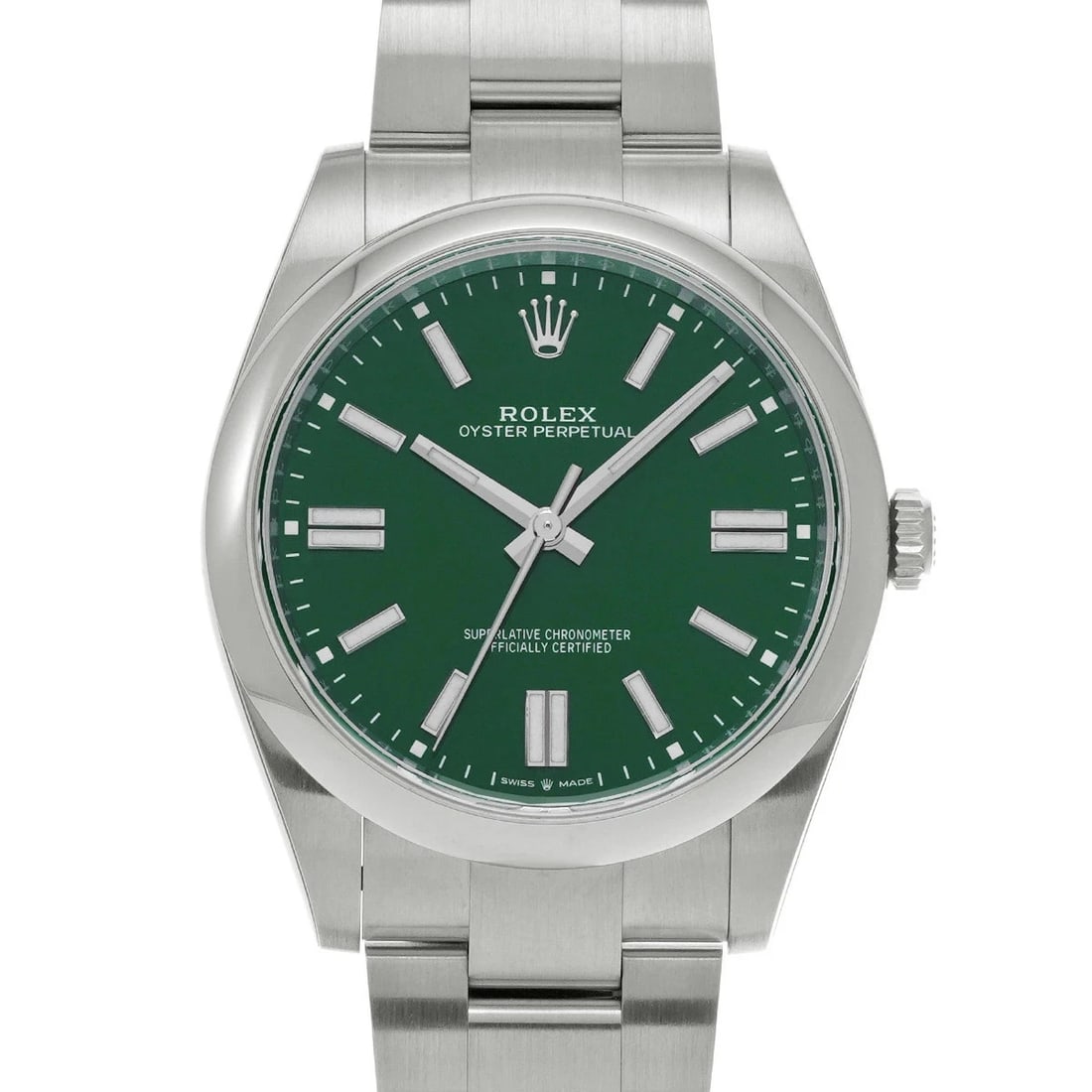 ROLEX OYSTER PERPETUAL GREEN WATCH: ROLEX Oyster Perpetual Green Watch Brand: ROLEX Type: N/A Material: Band Material Stainless, Case Material Sapphire Crystal Color: Band Color Green Size: Band Size none, Case Size 41×41mm Access