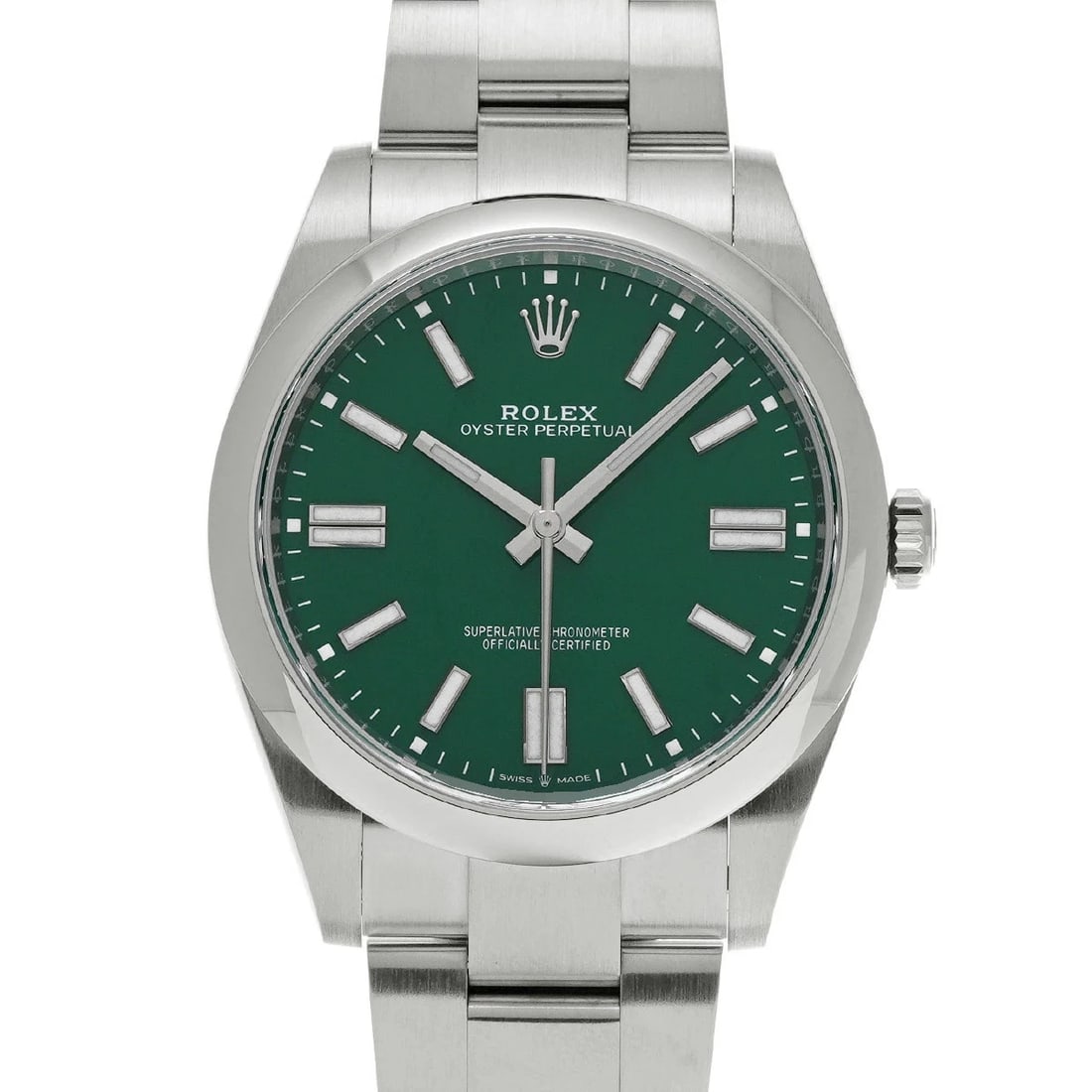 ROLEX OYSTER PERPETUAL GREEN WATCH: ROLEX Oyster Perpetual Green Watch Brand: ROLEX Type: N/A Material: Band Material Stainless, Case Material Sapphire Crystal Color: Band Color Green Size: Band Size none, Case Size 41×41mm Access