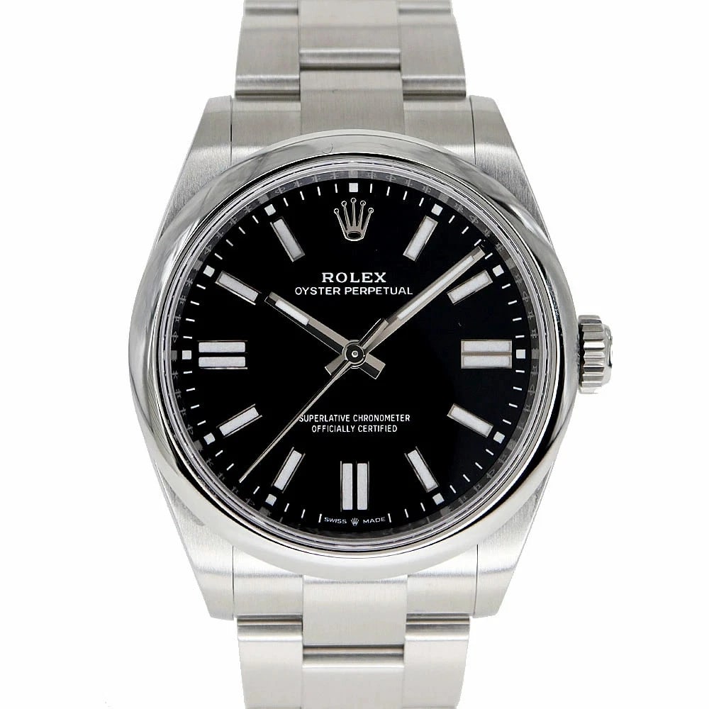 ROLEX OYSTER PERPETUAL BLACK WATCH: ROLEX Oyster Perpetual Black Watch Brand: ROLEX Type: N/A Material: Band Material Ss (Stainless Steel), Case Material N/A Color: Band Color Black Size: Band Size none, Case Size 41.0mm Accessorie