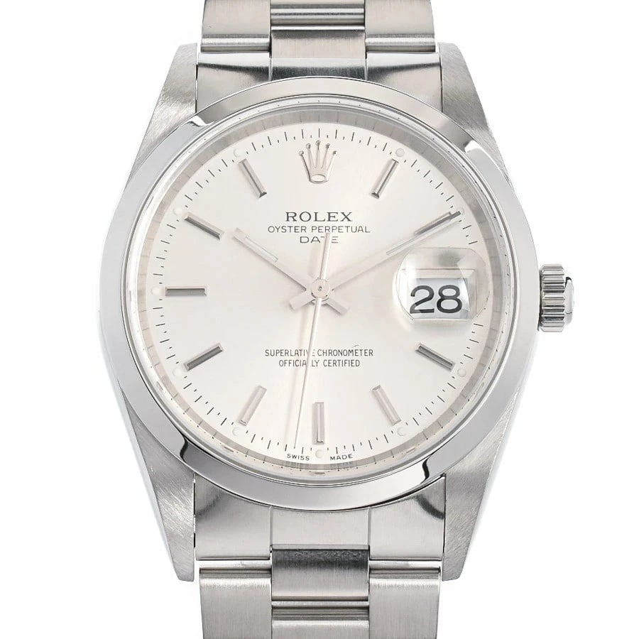 ROLEX OYSTER PERPETUAL SILVER WATCH: ROLEX Oyster Perpetual Silver Watch Brand: ROLEX Type: N/A Material: Band Material Stainless Steel/Bracelet, Case Material N/A Color: Band Color Silver Size: Band Size none, Case Size 34mm Access
