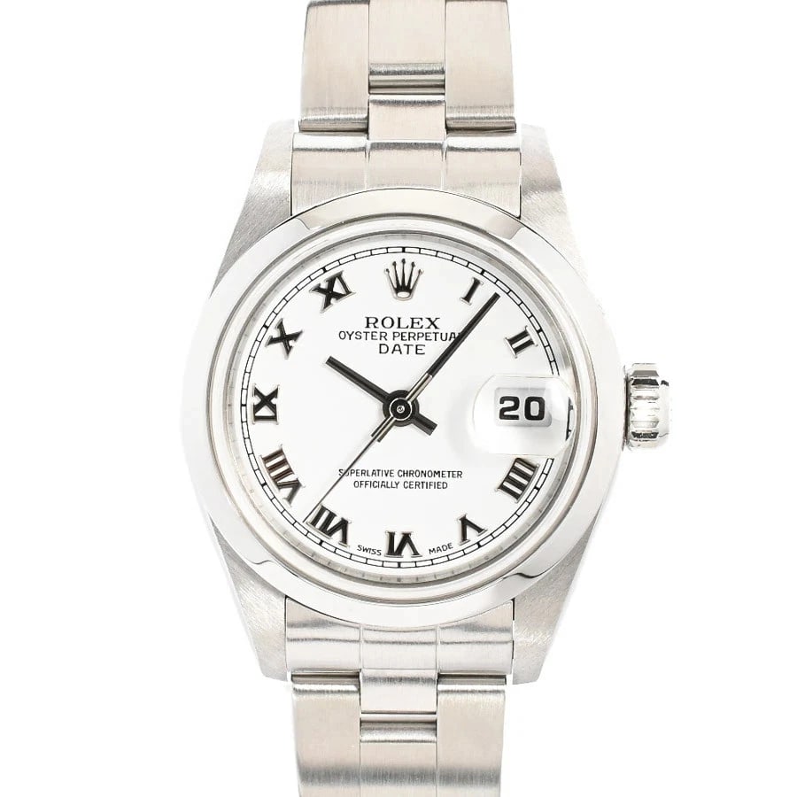 ROLEX OYSTER PERPETUAL WHITE WATCH: ROLEX Oyster Perpetual White Watch Brand: ROLEX Type: N/A Material: Band Material Stainless Steel/Bracelet, Case Material N/A Color: Band Color White Size: Band Size none, Case Size 26mm 