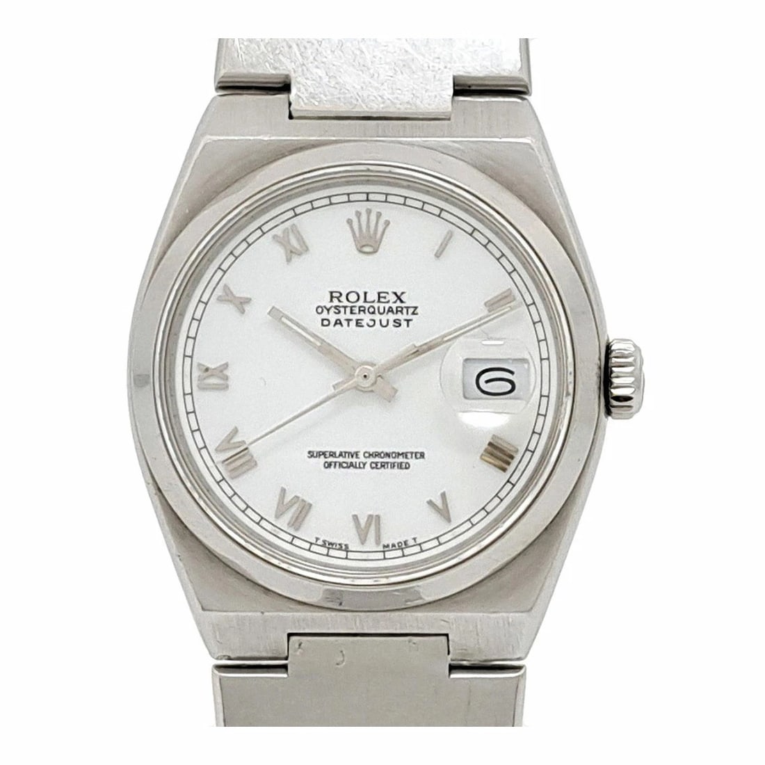 ROLEX OYSTERQUARTZ WHITE WATCH: ROLEX Oysterquartz White Watch Brand: ROLEX Type: N/A Material: Band Material Stainless Steel, Case Material N/A Color: Band Color White Size: Band Size none, Case Size 36mm Accessories: None