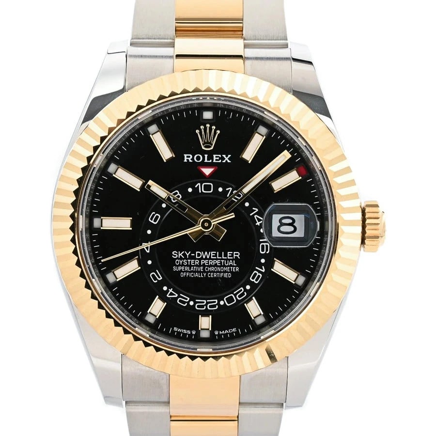 ROLEX SKY DWELLER BLACK WATCH: ROLEX Sky Dweller Black Watch Brand: ROLEX Type: N/A Material: Band Material Stainless Steel/Yellow Gold/Bracelet, Case Material N/A Color: Band Color Black Size: Band Size none, Case Size