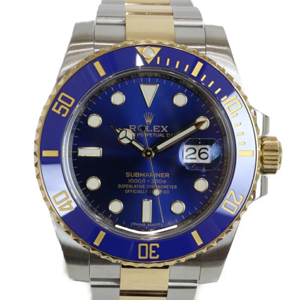ROLEX SUBMARINER BLUE WATCH: ROLEX Submariner Blue Watch Brand: ROLEX Type: Wristwatch Material: Band Material Yellow Gold/Stainless Steel, Case Material NA Color: Band Color Blue Size: Band Size 20???, Case Size 40mm 