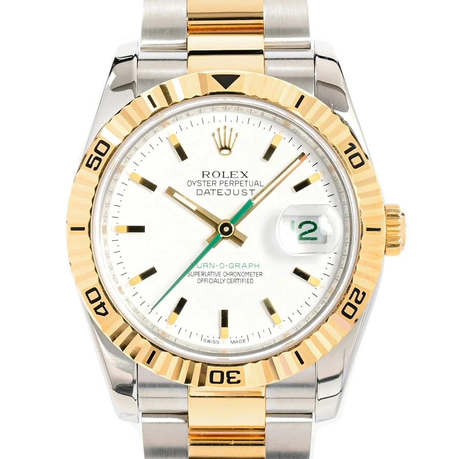 ROLEX TURN O GRAPH WHITE WATCH: ROLEX Turn O Graph White Watch Brand: ROLEX Type: N/A Material: Band Material Stainless Steel/Yellow Gold/Bracelet, Case Material N/A Color: Band Color White Size: Band Size none, Case Size
