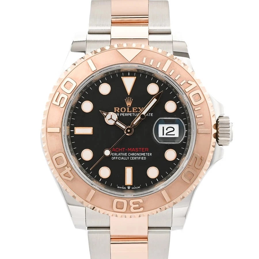ROLEX YACHT MASTER BLACK WATCH: ROLEX Yacht Master Black Watch Brand: ROLEX Type: N/A Material: Band Material Stainless Steel/Pink Gold/Bracelet, Case Material N/A Color: Band Color Black Size: Band Size none, Case Size 40mm Ac